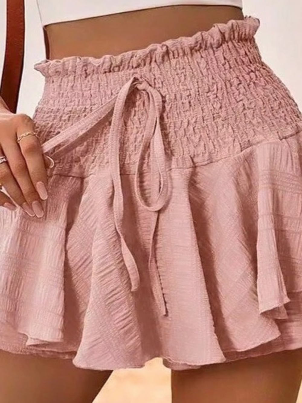 SHEIN Smocked Waist Drawstring Ruffle Hem Shorts in Pink